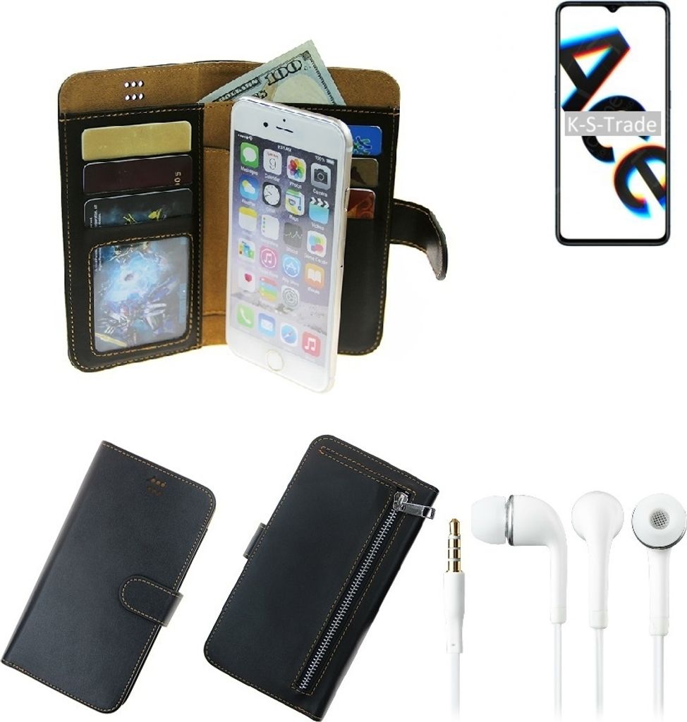 TOP SET Handy Hülle Schutz Hülle kompatibel mit Oppo Reno Ace schwarz aus Kunstleder + Kopfhörer Smartphone Tasche vollwertige Geldbörse
