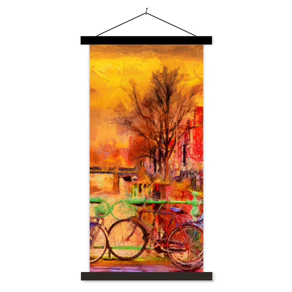 MuchoWow Textilposter Gemälde - Fahrrad - Amsterdam - Gracht - Öl 90x180 cm mit schwarzem Rahmen - Dekoration Wohnzimmer