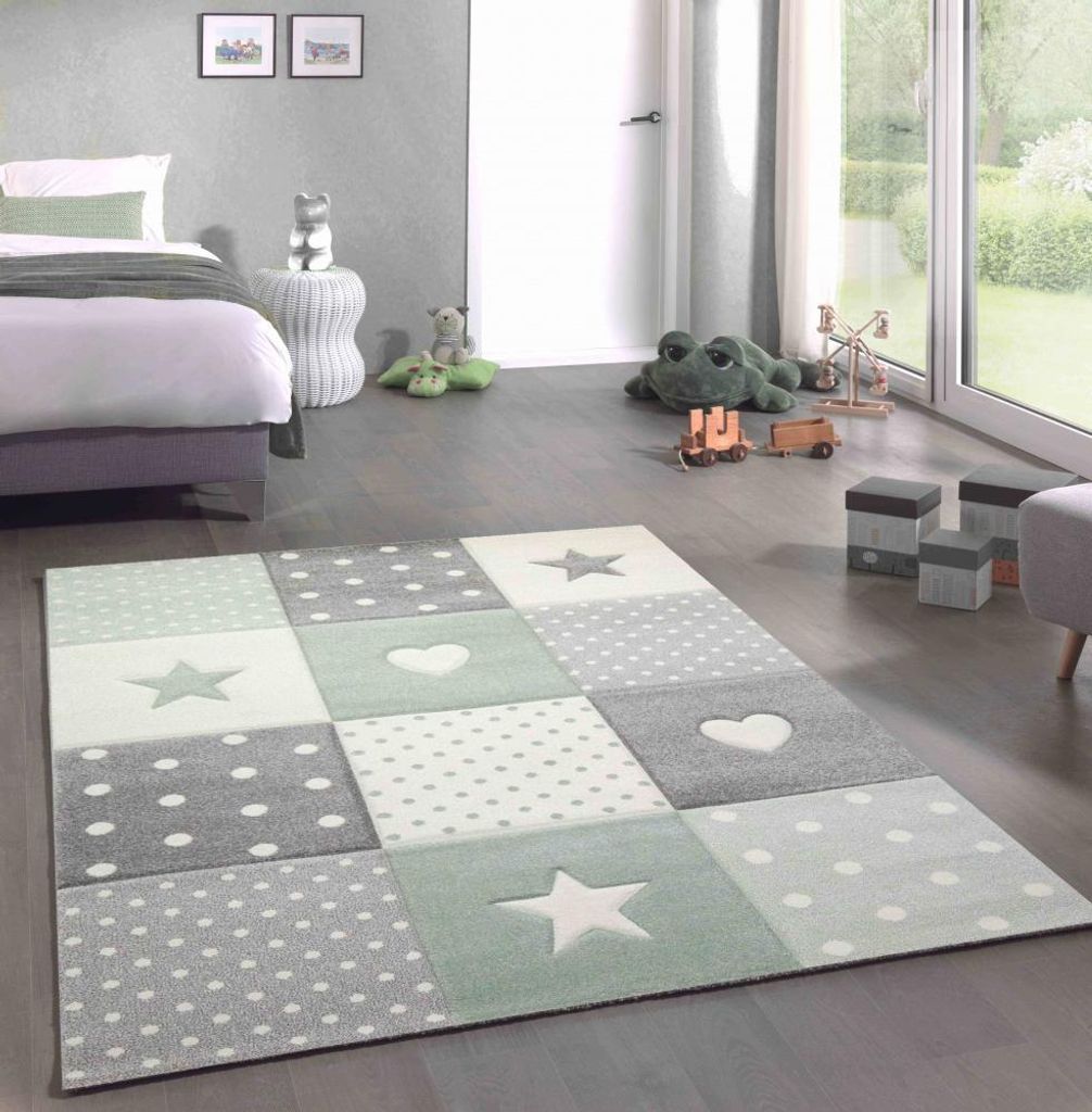 Kinderteppich Kinderzimmer Spiel Teppich Punkte Herz Stern Design grün grau creme Größe - 120 cm Rund