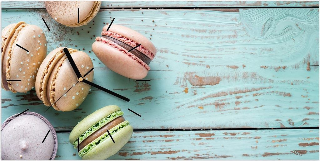 Wanduhr aus Glas mit Motiv Macarons auf Holz- 60 x 30 cm - inkl. Aufhängesystem