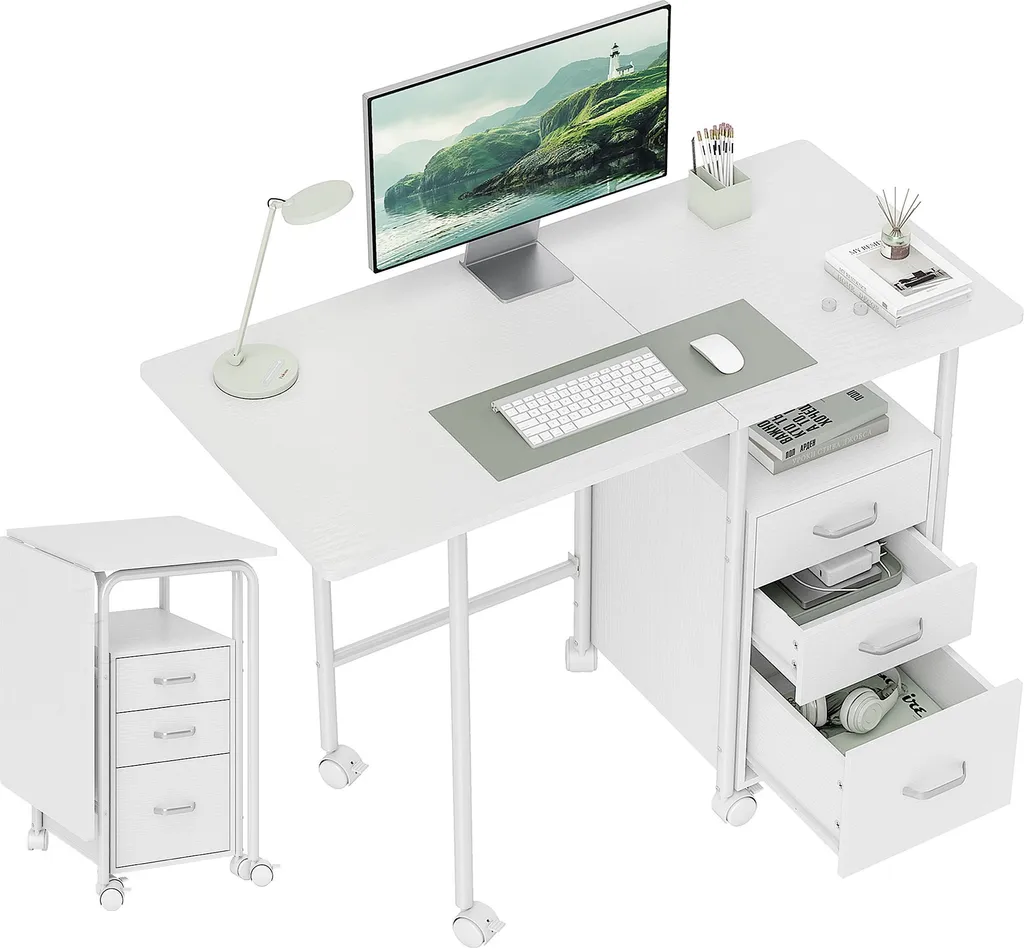 HOMCOM Bureau pliable sur roulettes avec 3 tiroirs blanc 105x51cm
