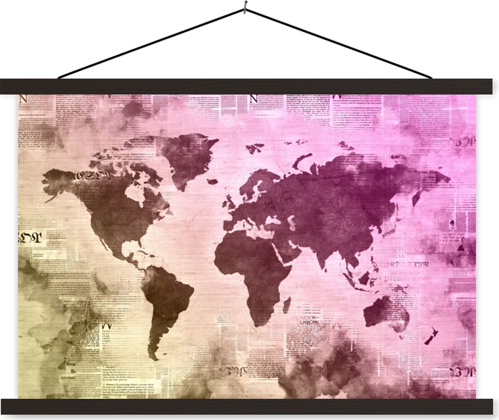 MuchoWow Textilposter Weltkarte - Gelb - Lila 90x60 cm mit schwarzem Rahmen - Aufhängungssatz