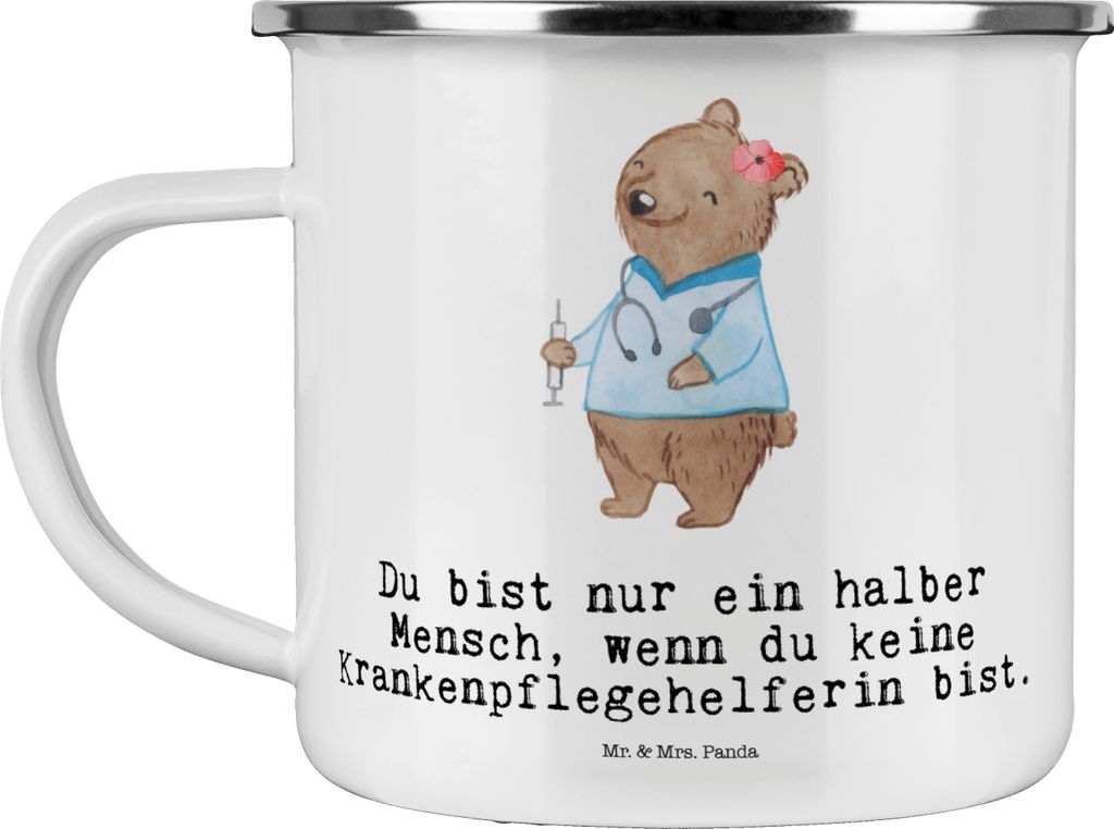 Mr. & Mrs. Panda Haferl Krankenpflegehelferin Herz - Weiß - Geschenk, Teetasse, becher emaille, Beruf, Kaffeepott, Pott, Pflegekraft, Ausbildung, ...