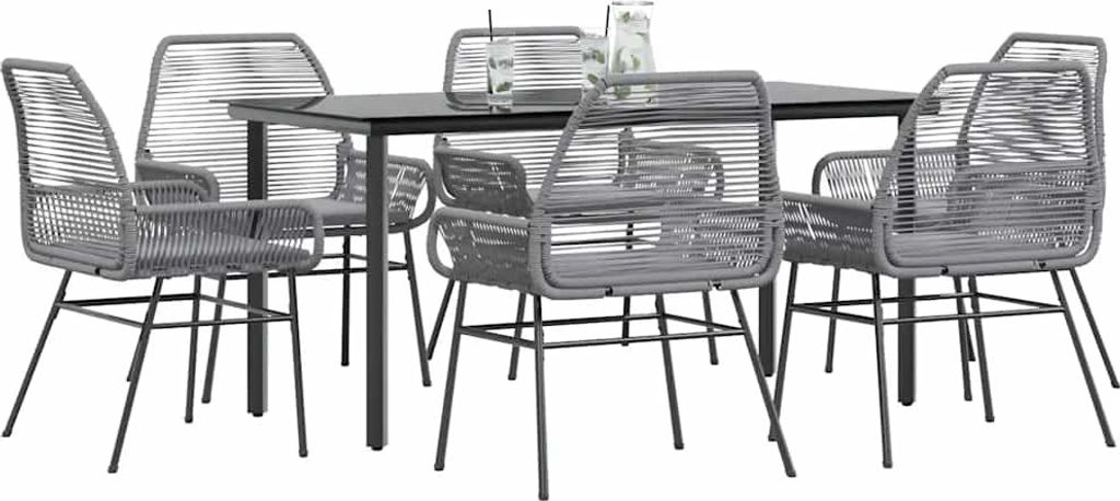 Maison Exclusive - 7-tlg. Garten-Essgruppe mit Kissen Grau Poly Rattan Glas