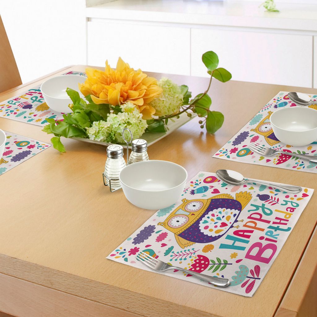 ABAKUHAUS Geburtstag Platzmatten, Lustiger Baby-Eulen-Vogel mit den Herz-Blättern und Blumen, die Gekritzel-Art-Druck grüßen, Tiscjdeco aus Farb...