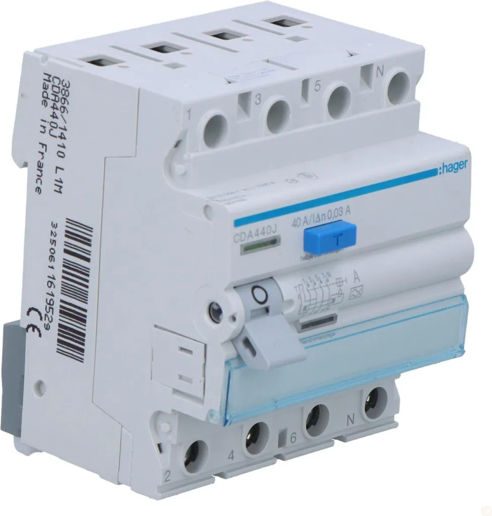 Interrupteur différentiel Hager CDA440J 4P 40A pour circuit Triphasé