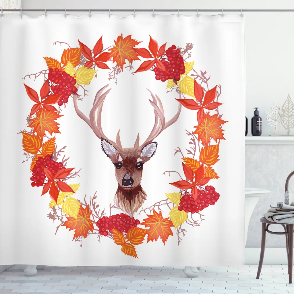 ABAKUHAUS Tenda da doccia Hirsch, Autumn Leaves Kranz Kunst, impermeabile, incl. 12 anelli, resistente a batteri e muffe, 175 x 240 cm, arancione marrone