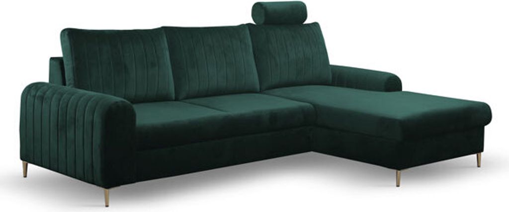 Ecksofa "Monaco" Eckcouch Sofa Schlaffunktion Jungle grün / Füße Gold Recamiere rechts