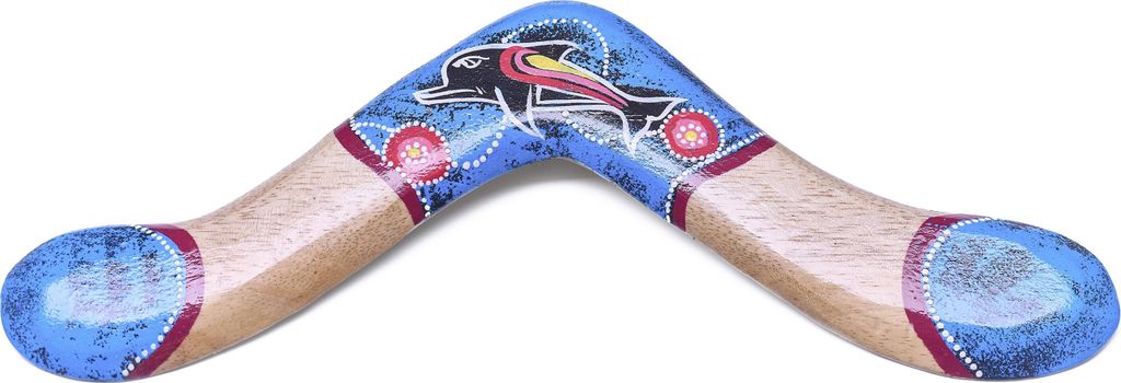 Bumerang Wide Tip Blau – Holz-Wurfboomerang mit Aboriginal-Malerei (40 cm)