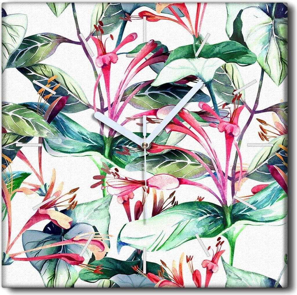 Coloray Uhr auf Leinwand 30x30 cm Wand Uhr Dekoration Wohnzimmer Segeltuch weiße Zeiger -Exotische Naturblume