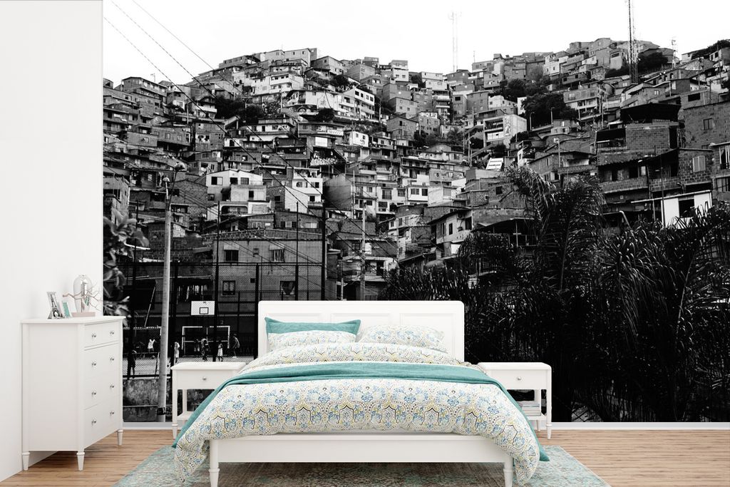 MuchoWow Fototapete für Wohnzimmer oder Schlafzimmer Wandtapete Vinyl Motivtapete Schwarz-Weiß-Fotografie der Stadt Medellín im südamerikanis...
