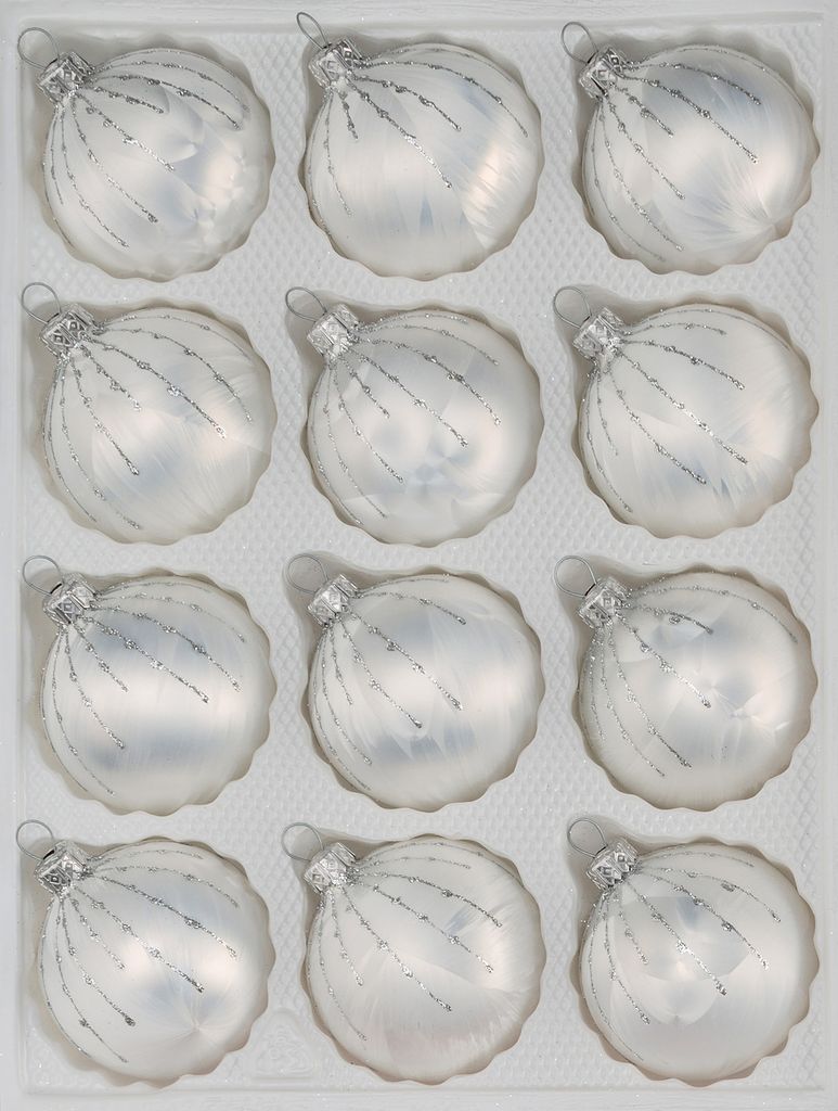 12 tlg. Glas-Weihnachtskugeln Set in Ice Weiss Silber Regen