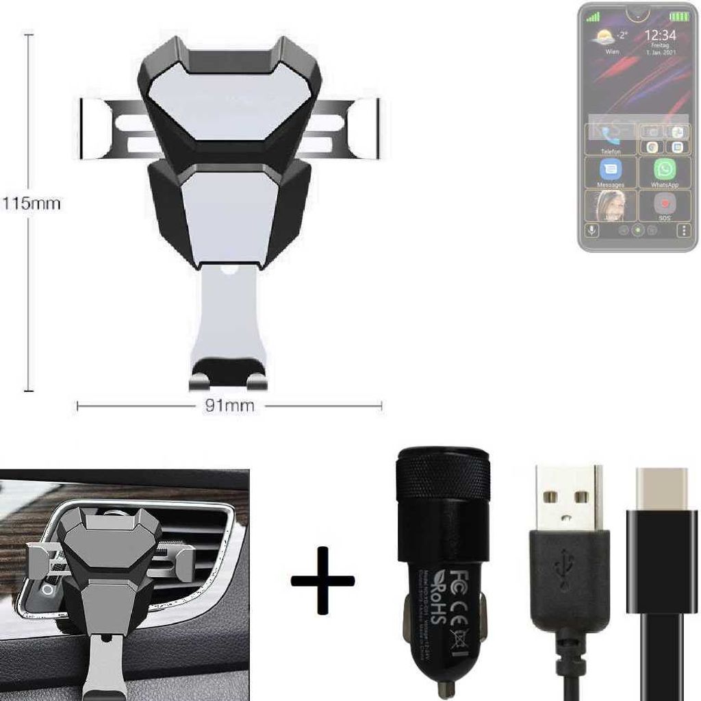 K-S-Trade Lüftungsschlitz Halterung kompatibel mit Bea-fon M6s Lüftungshalterung Lüftungsgitter schwarz-silber Auto-Halterung Smartphone Halter