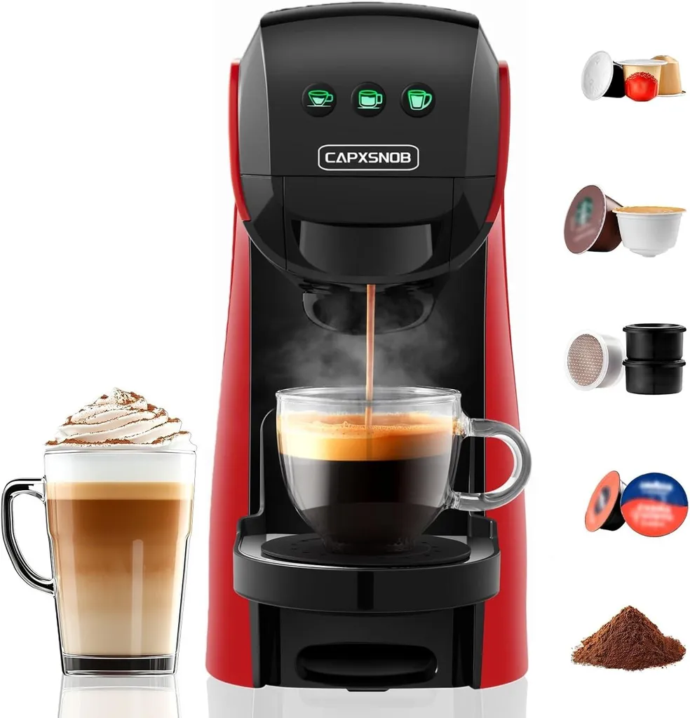 Warriors1 5-in-1 Kaffeemaschine Kapselmaschine für Nespresso, Dolce Gusto, A Modo Mio, Espresso Point & Kaffeepulver, 20 Bar, 0,82 L, Kompakt, Rot