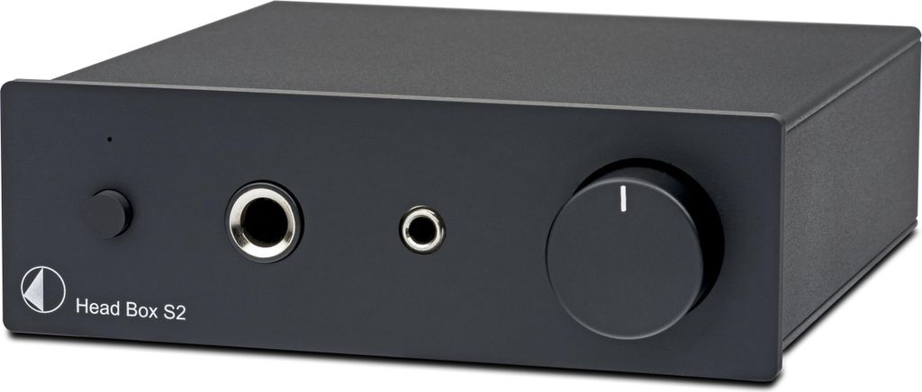A black audio device with a silver knob and silver headphone jacks on the front panel.