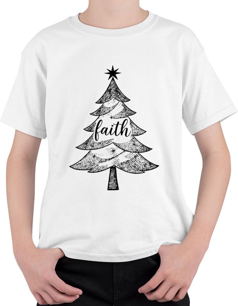 faith Weihnachten Christbaum Glaube religiös Skizze Kreide Retro Uni Kinder T-Shirt, Weiß, 104