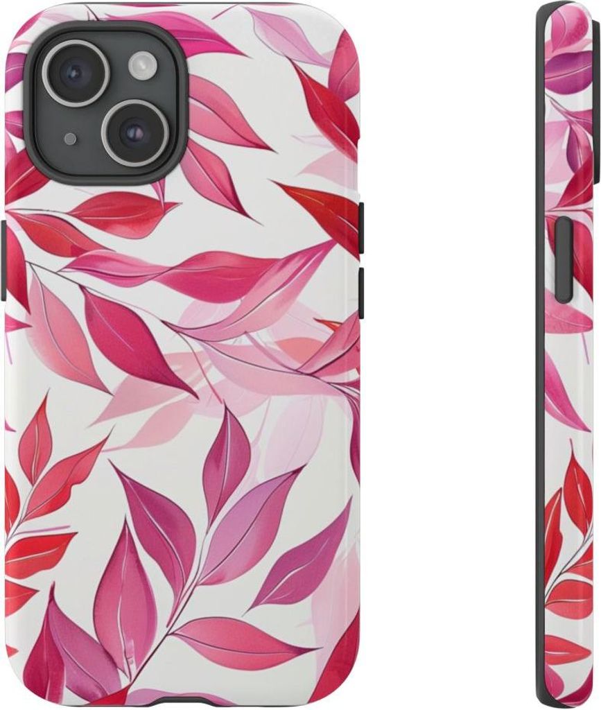 Blättermuster in Pink und Rot – Hülle Kompatibel mit iPhone 15