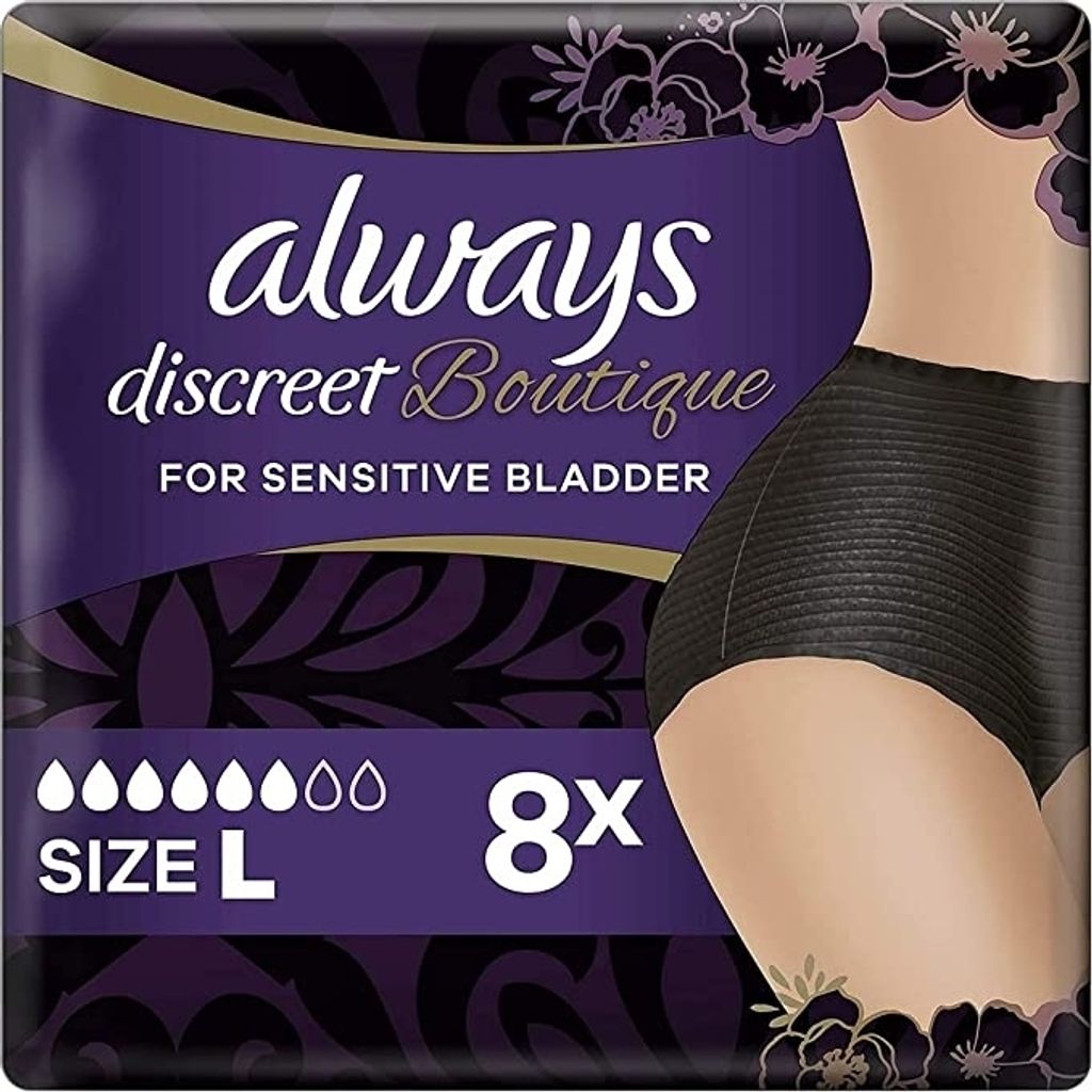 The image shows the packaging of Always Discreet Boutique incontinence pants.