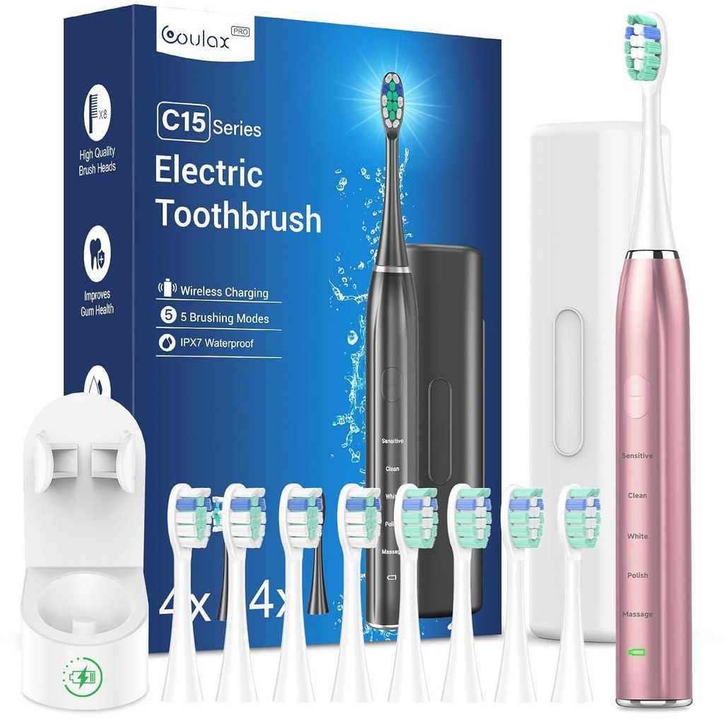 Elektrische Zahnbürste Schallzahnbürste für Erwachsene - Whitening Ultraschall mit Reiseetui und Ladestation, Mit 8 Bürstenköpfe, 5 Putzmodi, ...