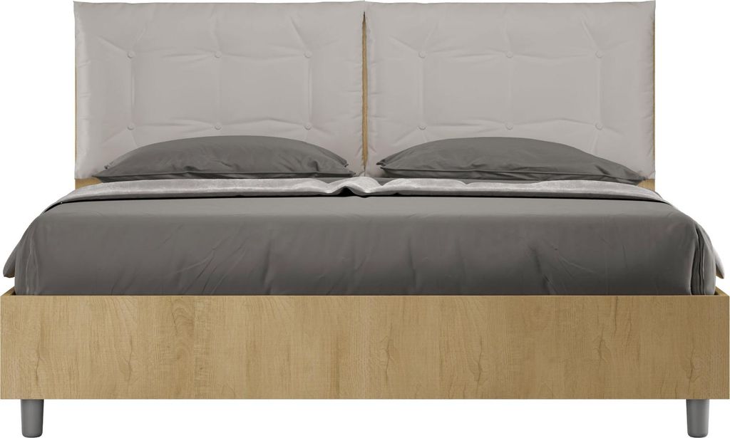 ITYHOME - Gepolstertes Bett mit Lattenrost 160x200 Eiche Natur Kopfteilkissen mit Kunstlederbezug Taubengrau Egos Annalisa