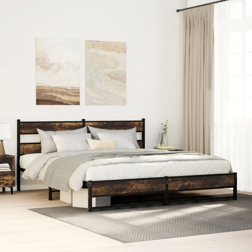 (NEU 2026) Metallbett ohne Matratze, Räuchereiche 200x200 cm - Klassische Betten - 38.6 kg