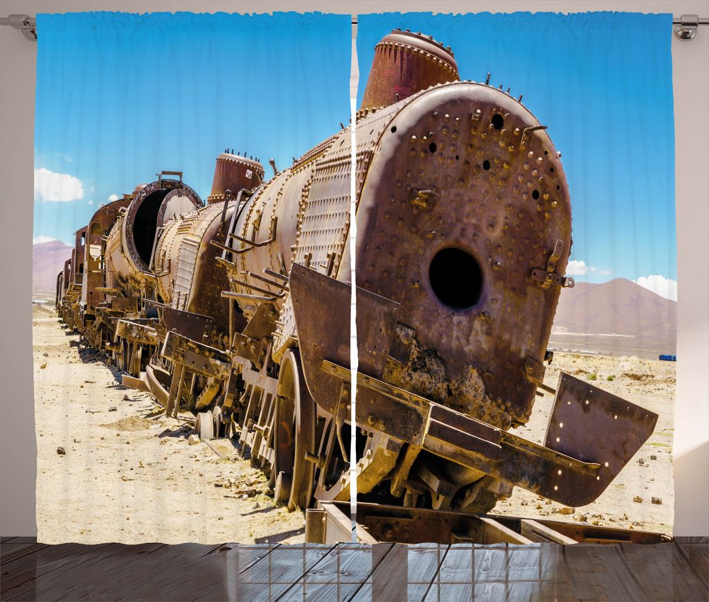 ABAKUHAUS Jahrgang Rustikaler Gardine, Dampfzug-Lokomotive, Schlafzimmer Kräuselband Vorhang mit Schlaufen und Haken, 280 x 225 cm, Braun Blau