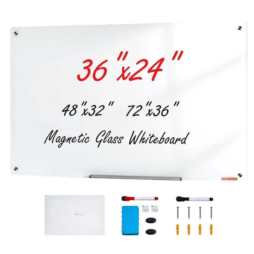 Tableau Blanc Magnétique en Verre Anti-Taches 90x60 cm avec Accessoires