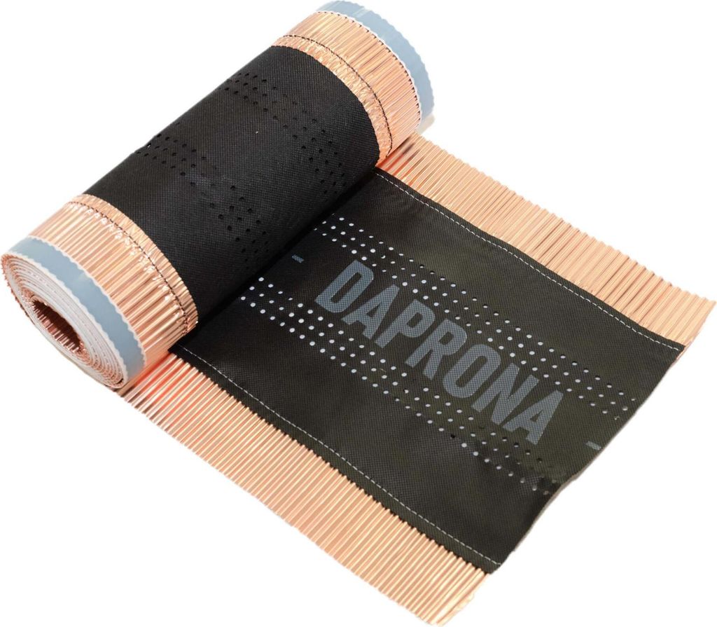 A roll of roofing material, partially unrolled, showing the brand name and texture.