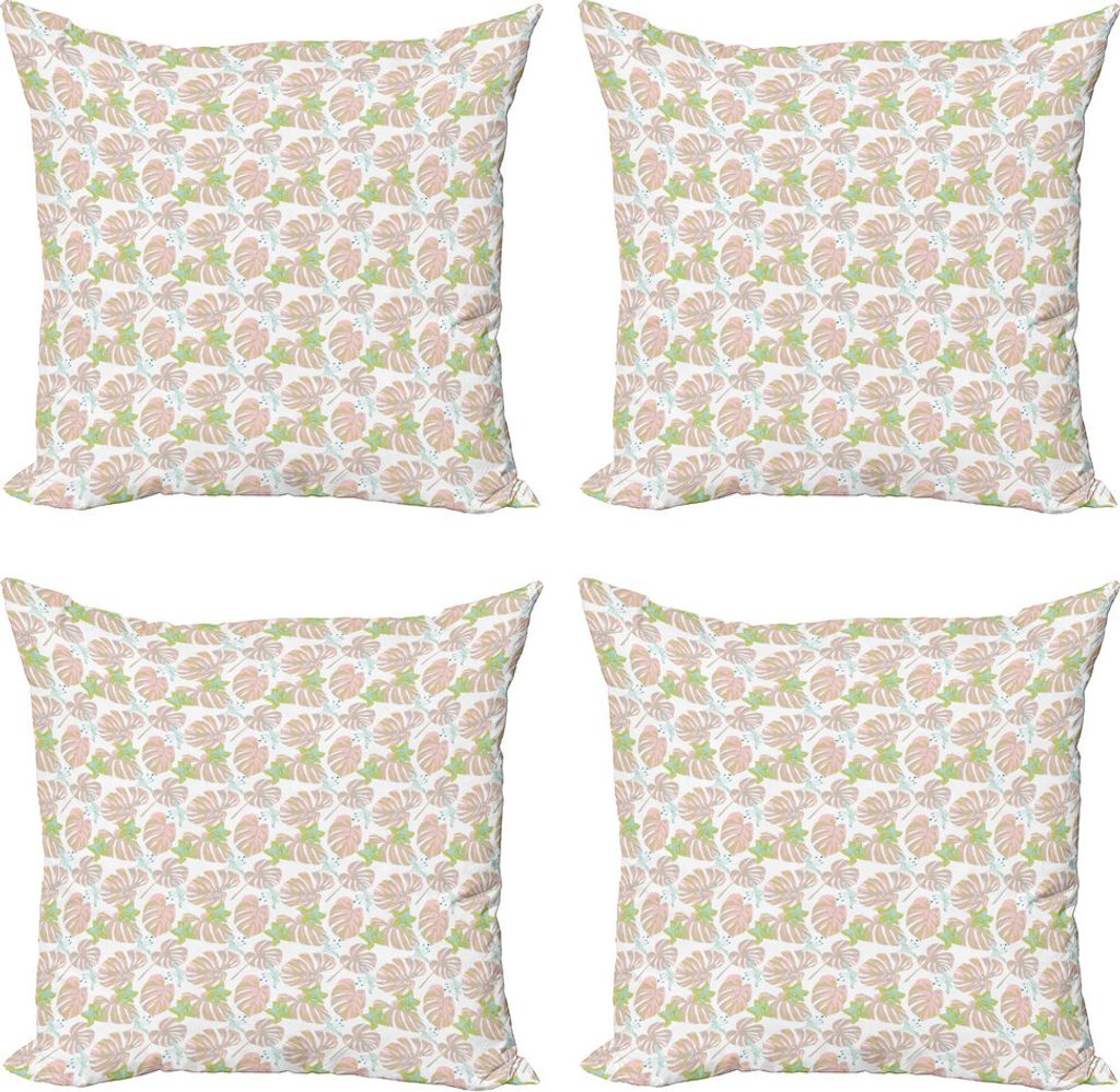 ABAKUHAUS Tropisch Kissenbezug Set (4 Stück), Hawaii-Blätter-Muster, Moderner Doppelseitiger Digitaldruck, 50 cm x 50 cm, Weiß Pale Salmon Khaki