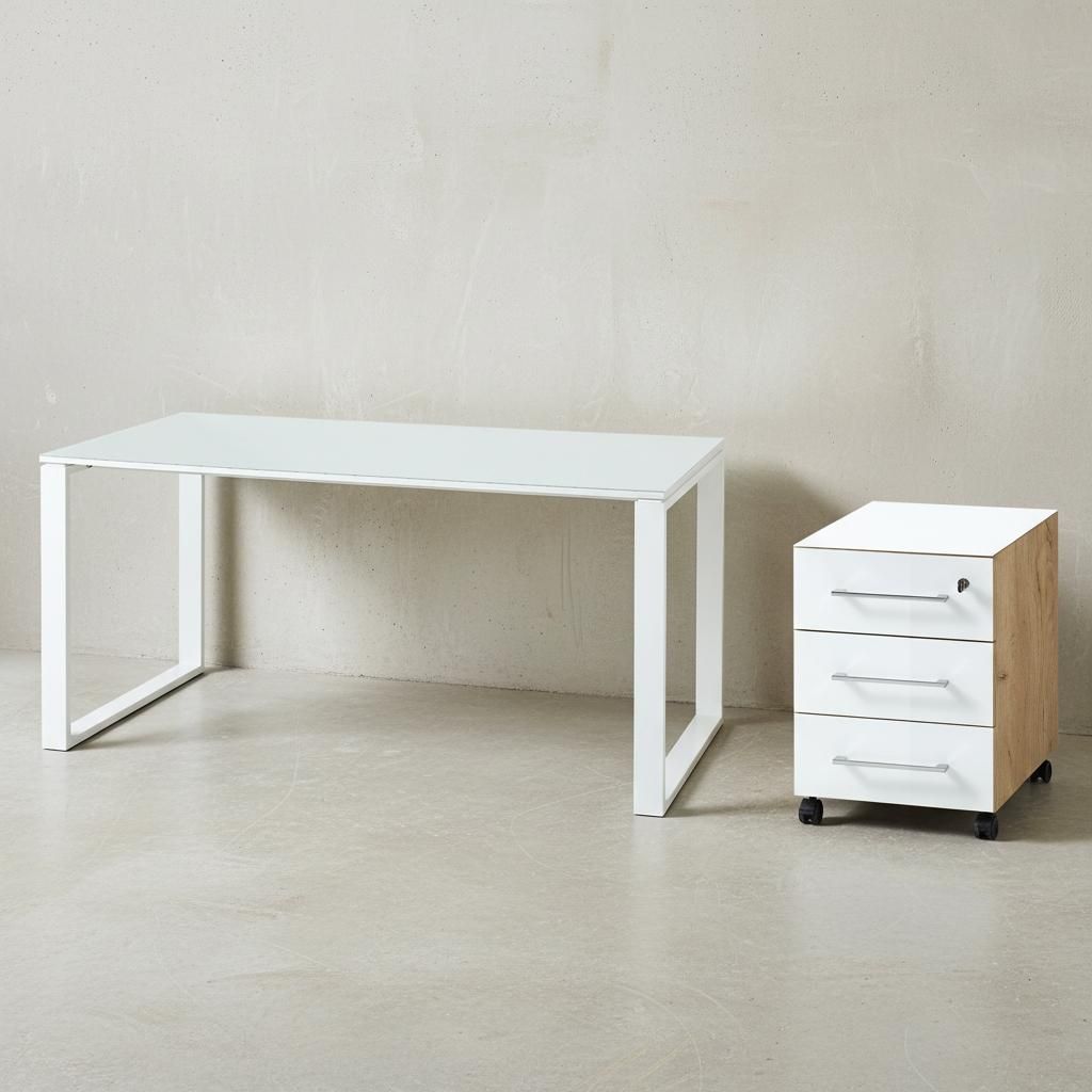 Schreibtisch Set 2-teilig mit Rollcontainer | 160x80 cm Tisch & Container | Glasplatte Soft-Close Abschließbar | Chalet-Eiche-Nb./Weiß | Serie MU...