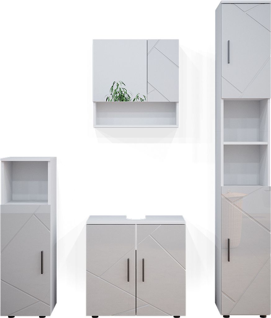 Badmöbel-Set Vicco Irma Weiß Hochglanz 4 Teile, mit Hochschrank, Model 36803