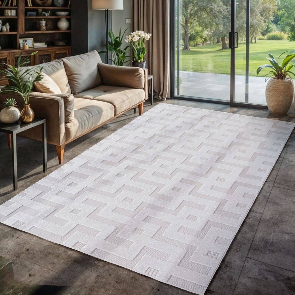 In & Outdoor Teppich Wetterfest 3D Optik Design, Waschbar, Wetterbeständiges, Wohnzimmer, Terrasse Verschiedene, Größe: 80 x 150 cm, Farbe: Creme
