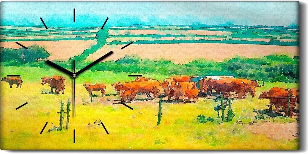 Leinwand Wanduhr Wandkunst Uhr Geräuschlos 60x30 Sommer Landschaft Rinder Wiese - schwarze Hände