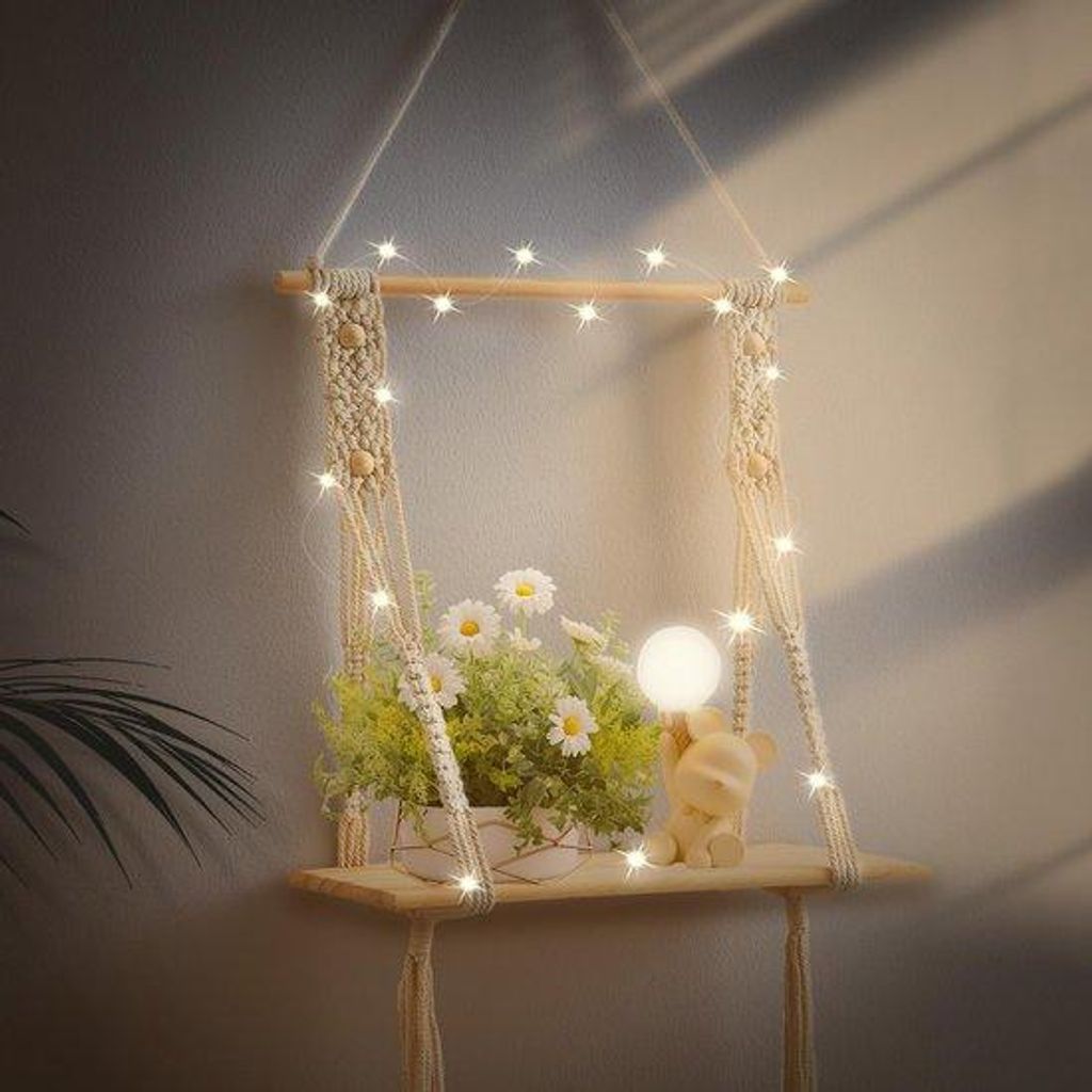 Houten Wandplank mit LED-Lichtschnur, boho Wanddekoration, 60x20 cm, Holz, weiß, Macramé-Design