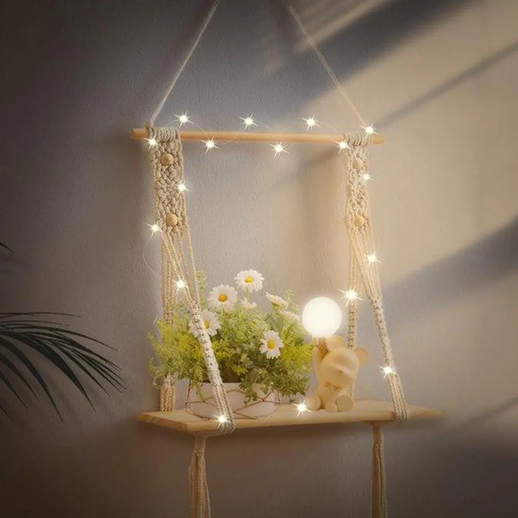 Étagère flottante bohème bois blanc 60cm déco murale avec guirlande