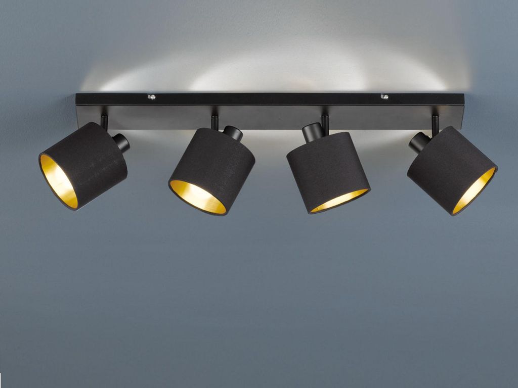 LED Deckenstrahler 4 flammig schwenkbar mit Stoffschirm in schwarz gold Wandspot