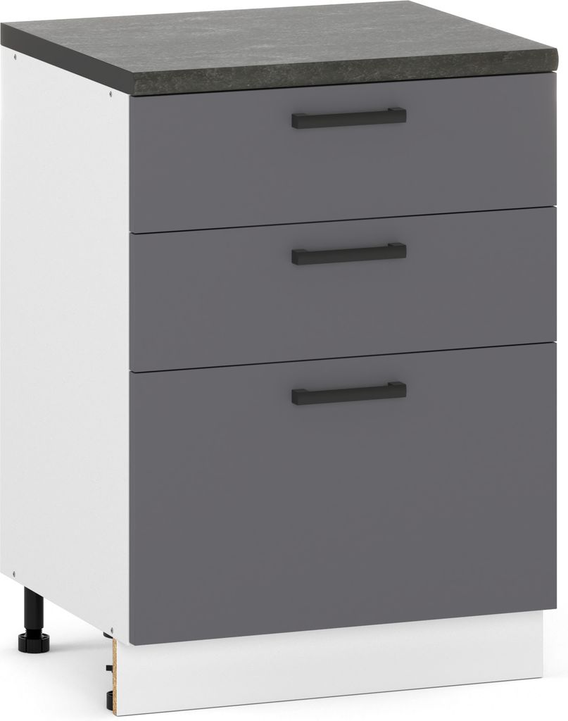 A three-drawer kitchen cabinet base unit with a speckled countertop, shown against a white background.
