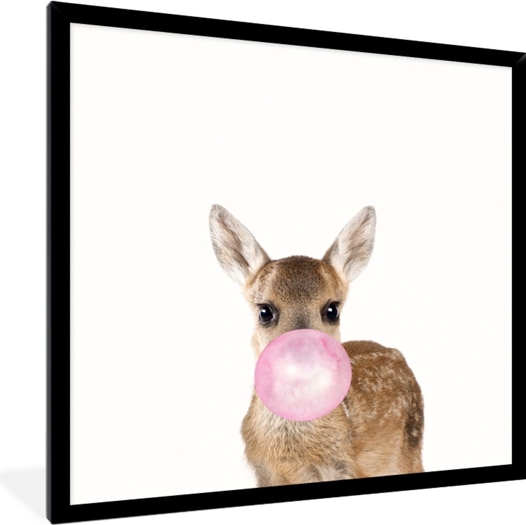 MuchoWow Gerahmtes Poster Hirsch - Wildtiere - Kaugummi - Mädchen - Kinder - Rosa 40x40 cm - Poster mit Schwarzem Bilderrahmen Wandposter Rahmen...