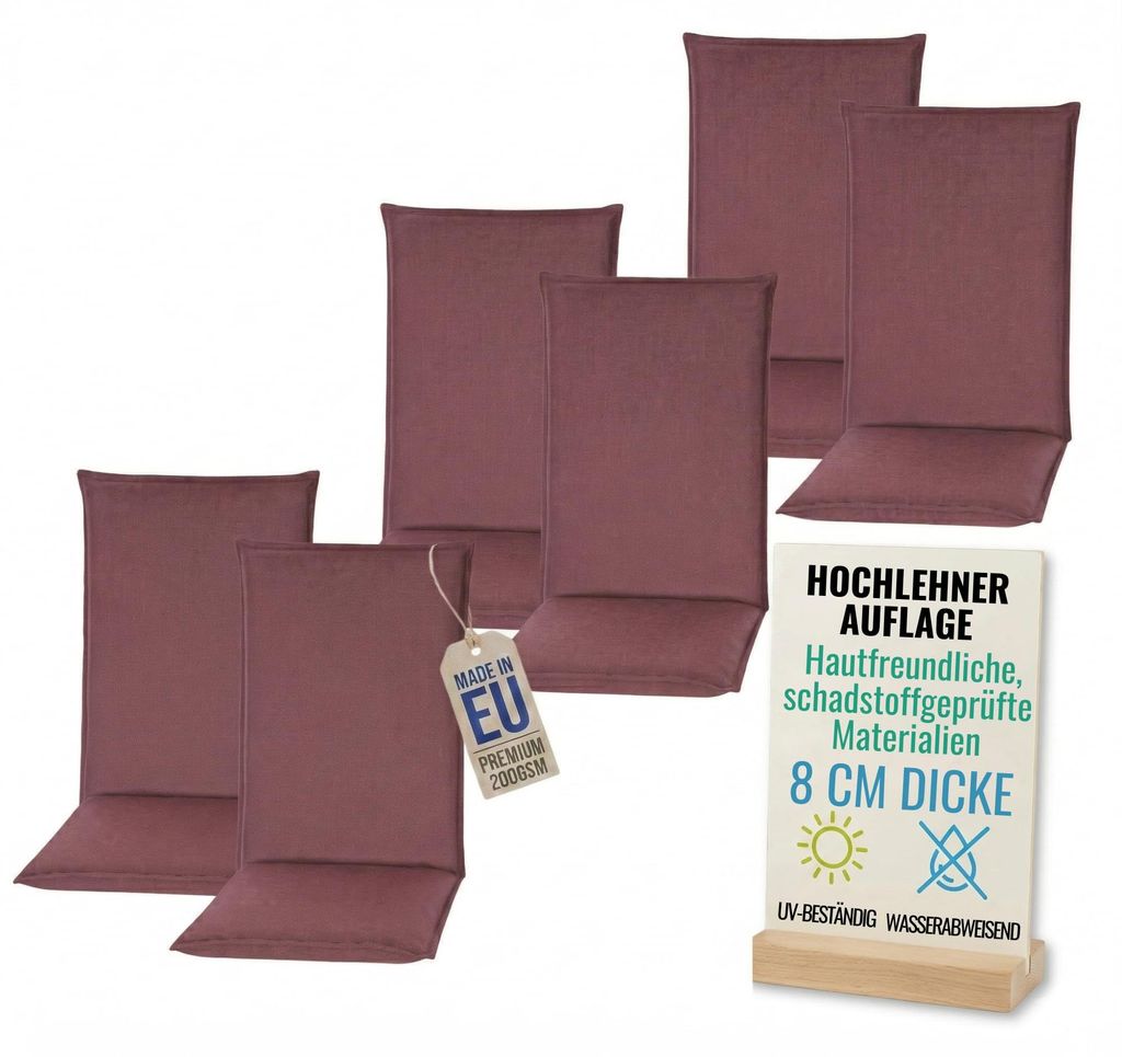 Pillows24 - 6x Hochlehner Auflagen 120x50x8 cm | Bequeme & Wetterfeste Gartenstuhlauflagen | Polster Sitzkissen für Gartenmöbel | EU | Pflaume