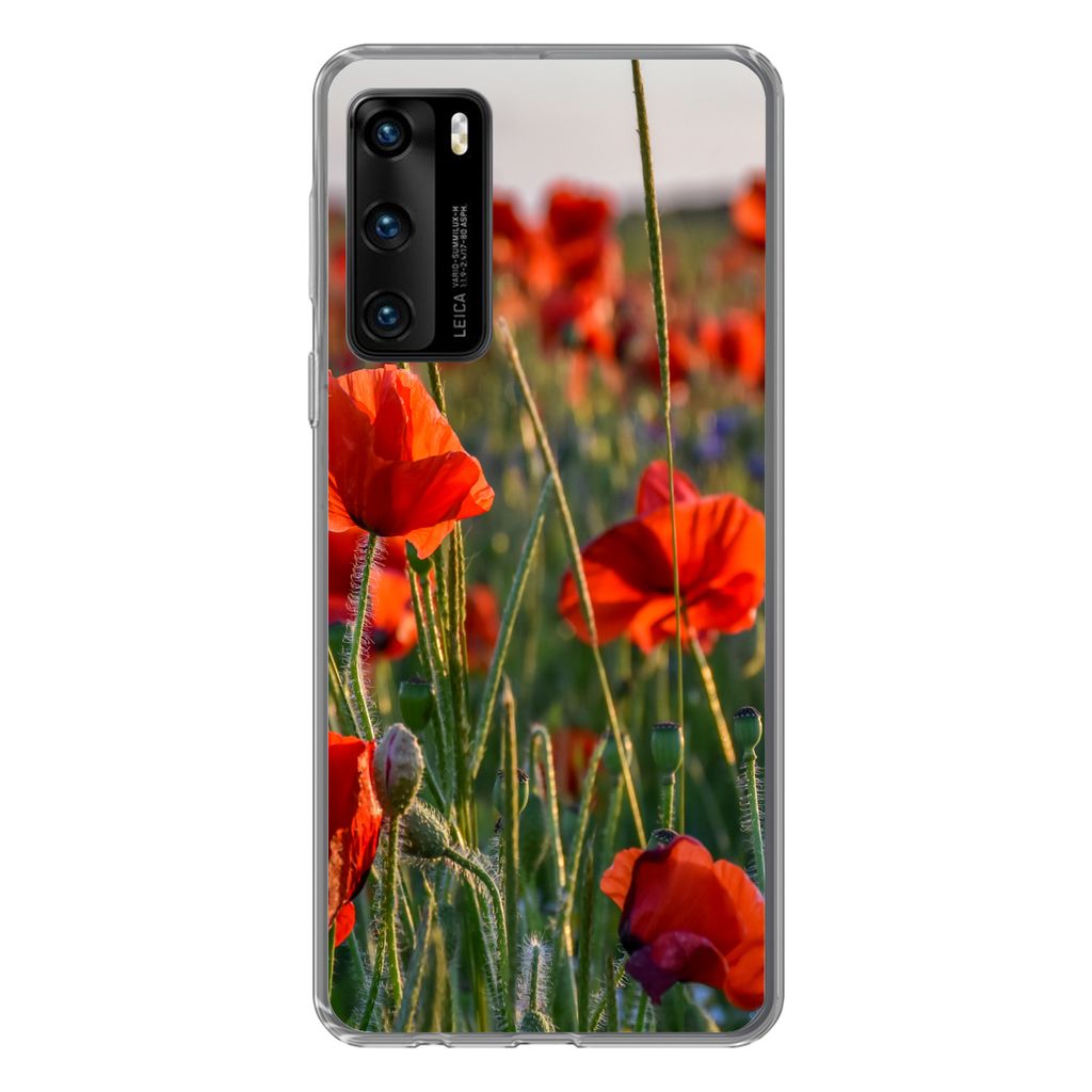 MuchoWow Handyhülle Schutzhülle Hülle für Huawei P40 Blumen - Mohnblumen - Natur - Rot Silikon Softcase Handy Hülle - Handytasche