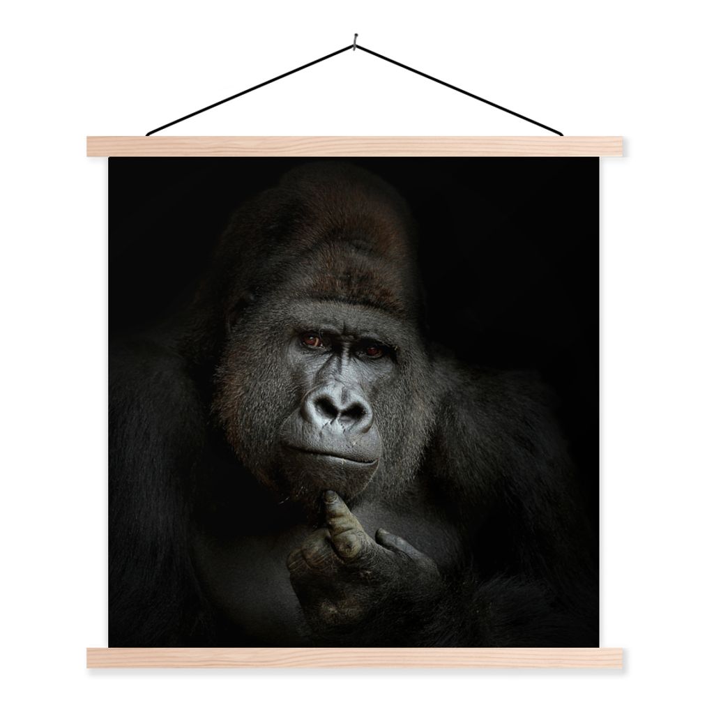 MuchoWow Textilposter Gorilla - Affe - Tiere - Schwarz und weiß 40x40 cm mit holzfarbenen Rahmen - Posterleiste