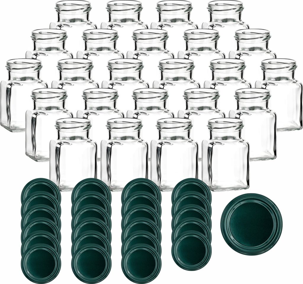 gouveo 24er Set Einmachgläser 150 ml eckig Schraubverschluss grün - Kleines Vorratsglas mit Deckel für Gewürze, Marmelade
