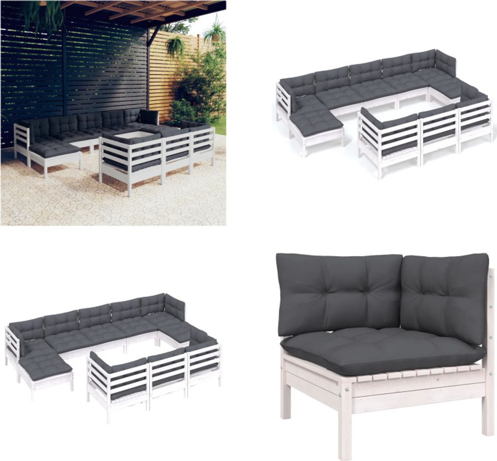 vidaXL 10 tlg. Garten Lounge Set mit Kissen Weiß Kiefer Massivholz - Garten-Lounge-Set - Garten-Lounge-Sets - Gartenmöbel-Set - Gartenmöbel-Sets