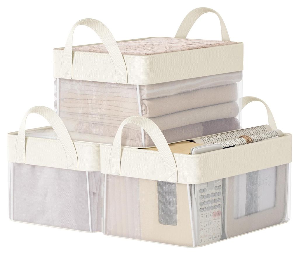 Set aus 3 Aufbewahrungsboxen, kleinen Aufbewahrungskörben, Stoff-Organizerboxen, faltbaren Boxen, transparentem Nylongewebe, 30 x 20 x 15 cm, mit ...