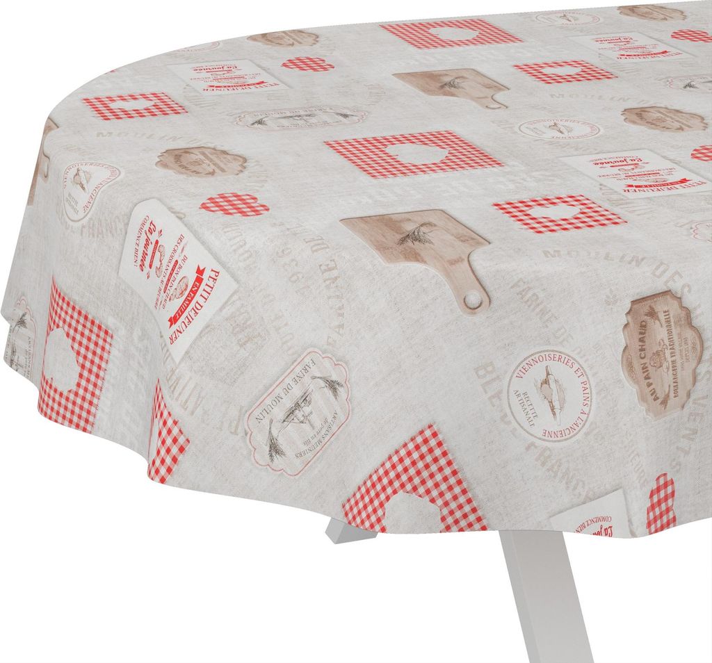 Tischdecke Landhaus Herz Grau Rot Oval 220x140cm Schnittkante Wachstuch abwaschbar