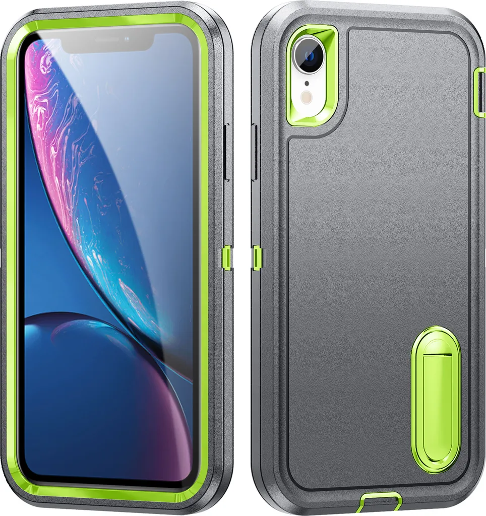 Custodia per iPhone XR Hybrid Custodia protettiva a tre strati robusta e antiurto con supporto Grigio - 1