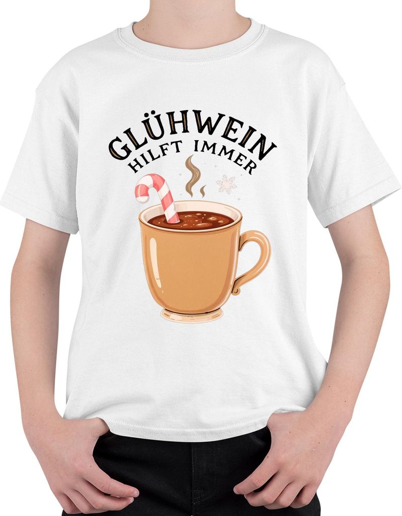 Glühwein hilft immer Weihnachtsmarkt Winter Geschenk Zuckerstange Uni Kinder T-Shirt, Weiß, 128
