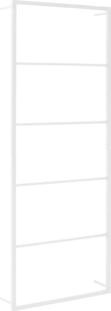 A white, minimalist image of a towel rack with multiple shelves.