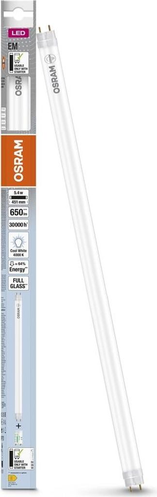 A product shot of an OSRAM LED tube light and its packaging.