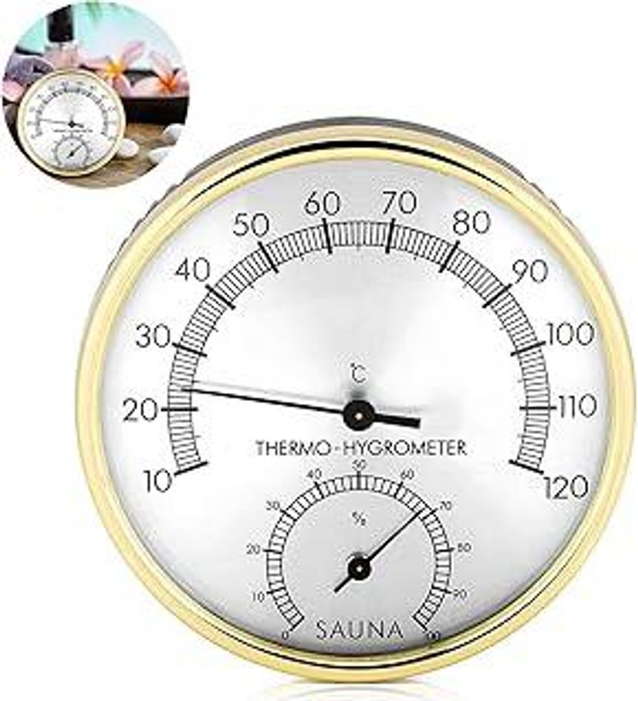 TaimeiMao Sauna Hygrometer, 2in1 Hydrometer Aussen Edelstahl Thermometer Hygrometer bis 120° C Präziser Sauna Thermometer Hochwertiges Sauna Zube...